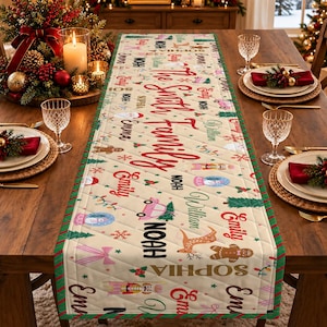 Peut inclure: Un chemin de table de Noël matelassé sur fond crème avec le texte rouge The Smith Family. Le motif comprend des répétitions de prénoms comme Emily, Noah, William et Sophia, ainsi que des illustrations de rennes, casse-noisettes, boules à neige, voitures roses et sapins.