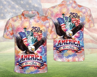 Polo del 4 de julio de Estados Unidos, 250 aniversario, camiseta de golf con la bandera estadounidense y la estatua del águila calva patriótica de la Libertad, regalo del Día de la Independencia para hombres, mujeres y niños.
