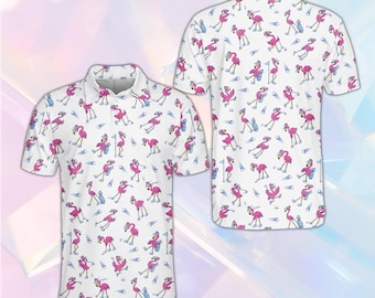 Koszulka polo golfowa Tropical Flamingo dla mężczyzn i kobiet, zabawna koszulka polo golfowa, strój na imprezę golfową, prezent dla golfisty, strój na wakacje w ośrodku wypoczynkowym