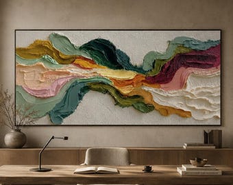 Abstract Wave Oil Painting, Textured Boho Wall Art Canvas, Earth Tone Flow