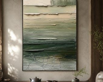 Green Abstract Landscape Oil Painting, Textured Minimalist Horizontal Wall Art Canvas