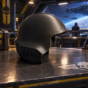 May include: A matte black tactical helmet with a smooth, rounded shell and integrated side communication ports. The helmet features a clean, minimalist design with visible structural seams and a reinforced lower edge, resting on a dark surface.
