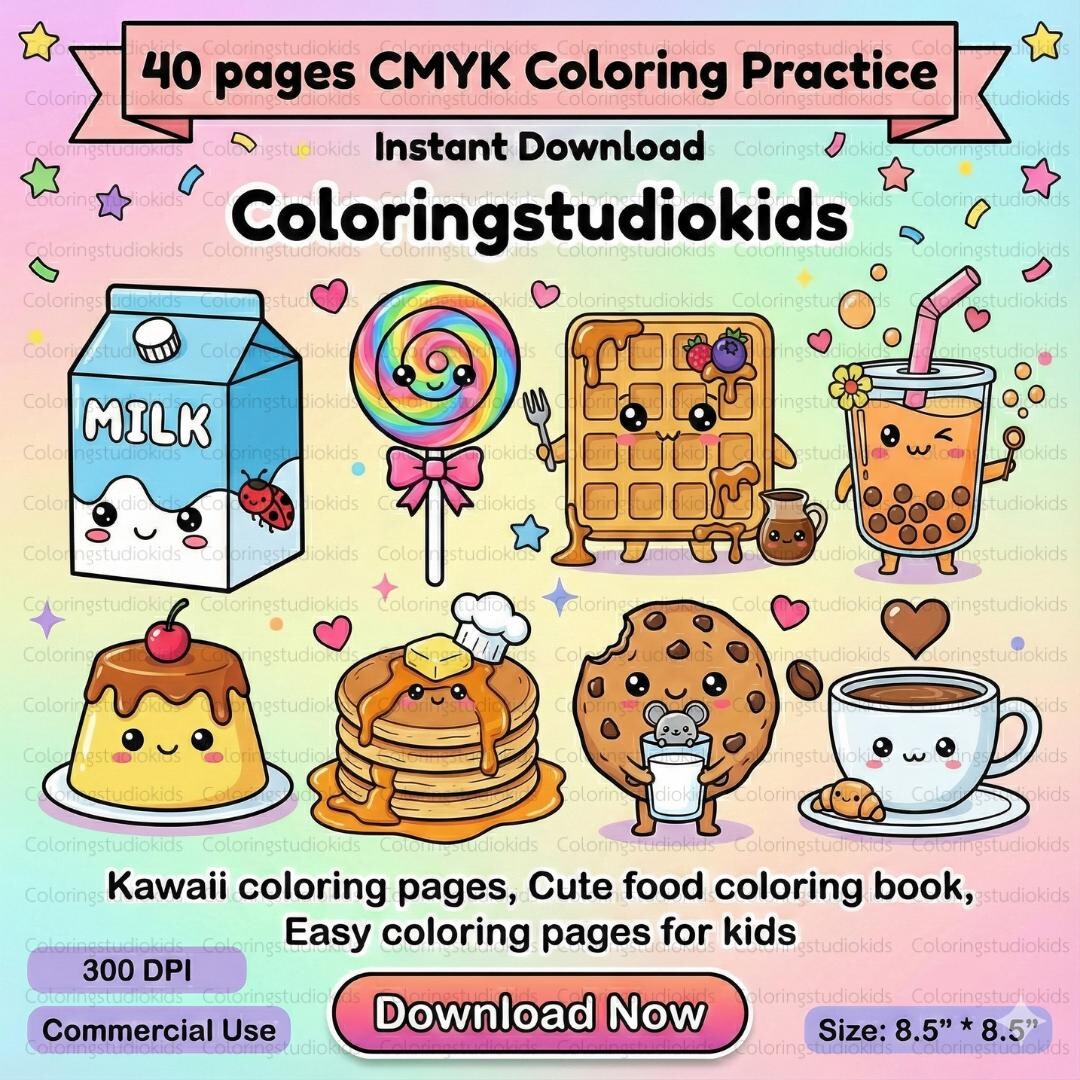 Kawaii Food Coloring Pages for Kids, 40 Cute Food Coloring Book, Easy ...