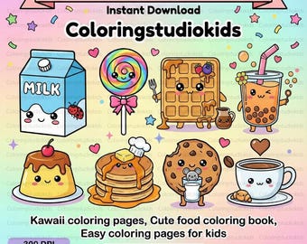 Kawaii Food Coloring Pages for Kids, 40 Cute Food Coloring Book, Easy Coloring Sheets, Printable Coloring Bundle, Digital Download