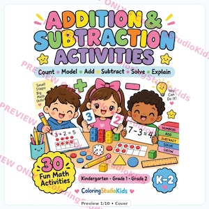 May include: A colorful educational activity book cover titled Addition & Subtraction Activities featuring three children engaged in math tasks. The illustration includes math equations, counting blocks, a ruler, pencils, and the text K-2.