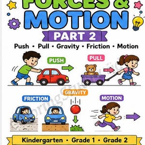 May include: An educational poster titled FORCES & MOTION PART 2 with text Push, Pull, Gravity, Friction, Motion. Illustrations show a child pushing a red car, pulling a wagon, a car on different surfaces, a falling red ball, and a running child.