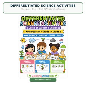 Può includere: Una risorsa scientifica stampabile intitolata Differentiated Science Activities per la scuola dell'infanzia, prima elementare e seconda elementare. L'immagine mostra tre bambini a un tavolo con schede didattiche, icone di sole, nuvola, roccia e pianta.