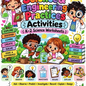 以下が含まれることがあります： グレードK-2向けの「Science & Engineering Practices Activities」と題されたカラフルな教育用ポスター。実験を行う白衣を着た子供たちのイラスト、科学的な手順のリスト、およびask、observe、predict、investigate、record、explain、designのアイコンが描かれています。