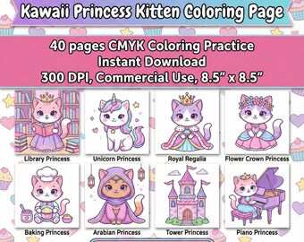 Kawaii Princess Kitten Coloring Pages | Kids Activity Book (Digital Download)