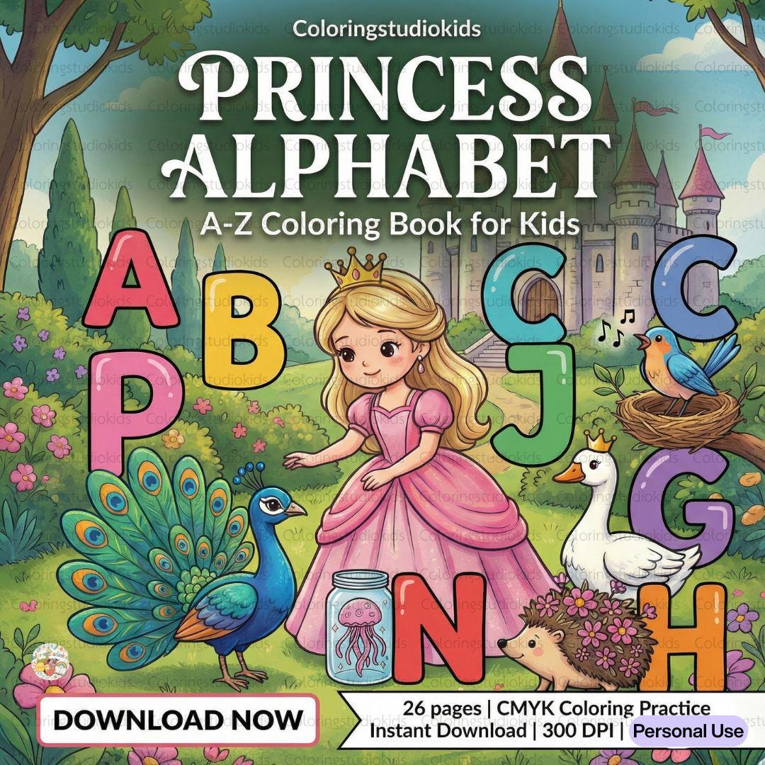 Princess Alphabet Coloring Pages | A-Z Animal ABC (printable PDF) - Etsy