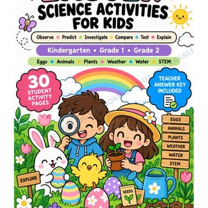 May include: A colourful educational activity book cover titled EASTER SCIENCE ACTIVITIES FOR KIDS. It features illustrations of two children, a white rabbit, a yellow chick, decorated eggs, a rainbow, and garden elements with text labels.
