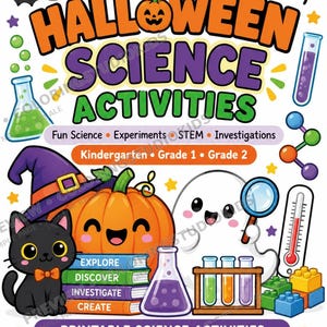 May include: A printable Halloween Science Activities educational sheet featuring cartoon illustrations of a bat, spider, pumpkin, ghost, black cat, and science equipment like beakers, test tubes, and a thermometer with colorful building blocks.