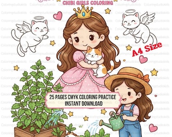 Chibi Princess & Cat Coloring Pages | Kawaii Kitten Designs (PDF)