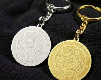 Llavero de San Cristóbal de acero inoxidable con medalla dorada – Jesús nos protege llavero religioso