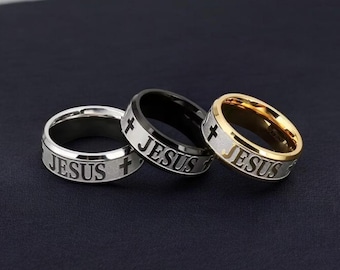 Anillo de cruz de acero inoxidable para hombre, banda de fe con versículo bíblico