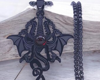Collar con colgante de dragón de siete cabezas, acero inoxidable gótico negro