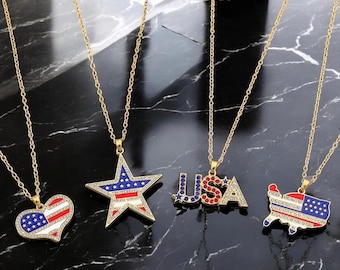 Collar con colgante de bandera estadounidense, pentagrama, corazón y diamantes de imitación, estilo hip hop.