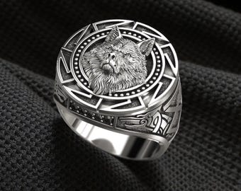 Anillo de plata de ley con cabeza de lobo vikingo – Joyería llamativa de guerrero nórdico