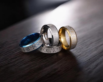 Anillo de runa vikinga de Odín de 8 mm de acero inoxidable, amuleto nórdico para hombres y mujeres, boda nórdica, regalo de joyería pagana gótica.