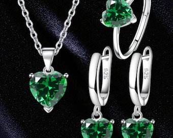 Conjunto de joyería de plata de ley 925 con forma de corazón y circonita, collar, pendientes, anillo y anillo para novia, regalo de compromiso y boda.
