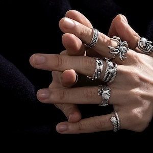 Può includere: Una collezione di anelli d'argento con vari design, tra cui un ragno, un serpente con un occhio di pietra rossa e un teschio. Gli anelli sono indossati su più dita, mostrando i dettagli intricati e le trame.