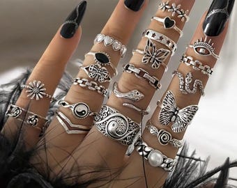 Juego de anillos de mariposa gótica, anillos punk Y2K en tono plateado, 21 piezas