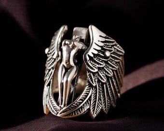 Anillo gótico con alas de ángel y cruz, joyería punk rock de plata