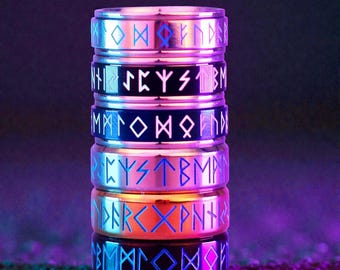 Anillo giratorio luminoso de runas vikingas de 8 mm de acero inoxidable 316L, estilo retro nórdico, para hombre.