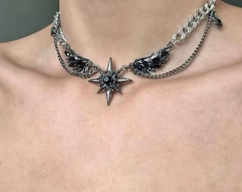 Collar Alas de Diablo con Colgante Gótico de Circonita Negra, Collar de Ángel Oscuro Punk, Joyería de Acero Inoxidable