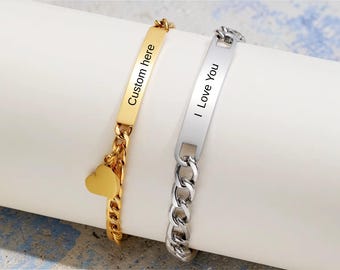 Pulseras personalizadas grabadas para parejas: Cadena Figaro con dije de corazón, anillos de promesa de acero inoxidable.