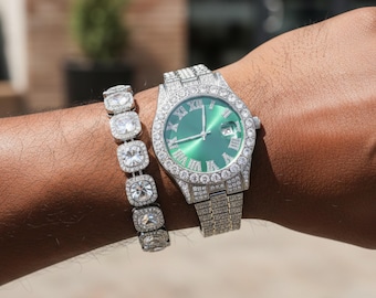 Reloj hip hop Iced Out: pulsera unisex con brillantes y esfera con números romanos