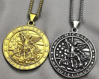 Collar con medalla de San Miguel Arcángel: colgante cristiano de acero inoxidable para hombres y mujeres