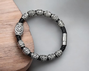 Pulsera vikinga de runas nórdicas, amuleto de brújula Vegvisir, pulsera de cuentas rúnicas para hombres y mujeres, joyería nórdica eslava