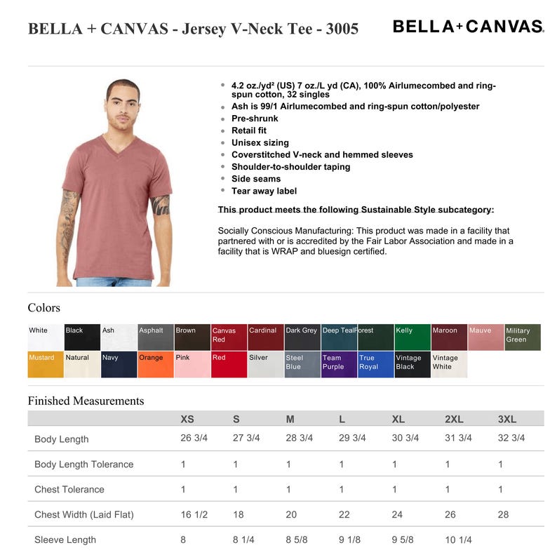 Bella Canvas V-Neck size and color chart