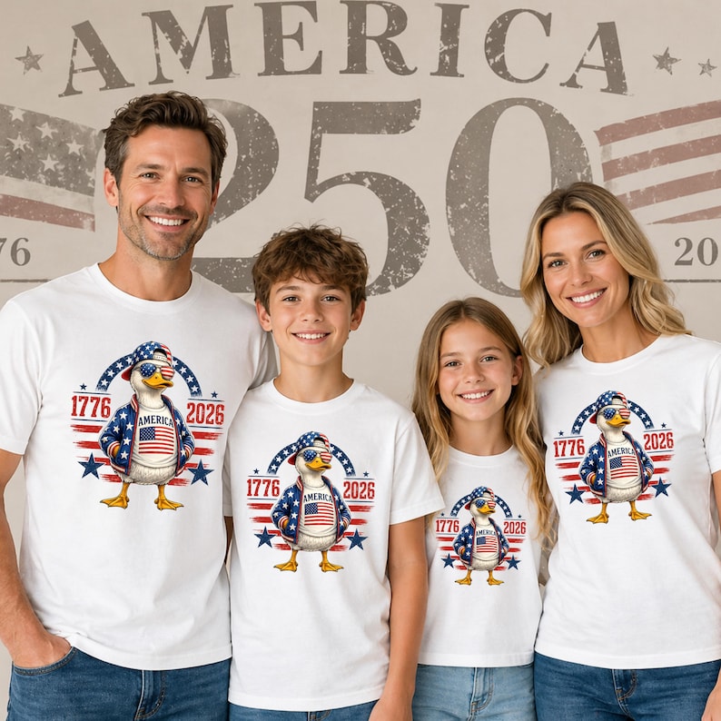 Family wearing matching America 250th anniversary shirts featuring patriotic eagle design and 1776 2026 celebration graphic.