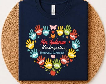 Personalized Kindergarten Teacher Shirt, Handprint Heart Class Gift, End Of Year Teacher Appreciation Tee, Custom School Keepsake Graphic