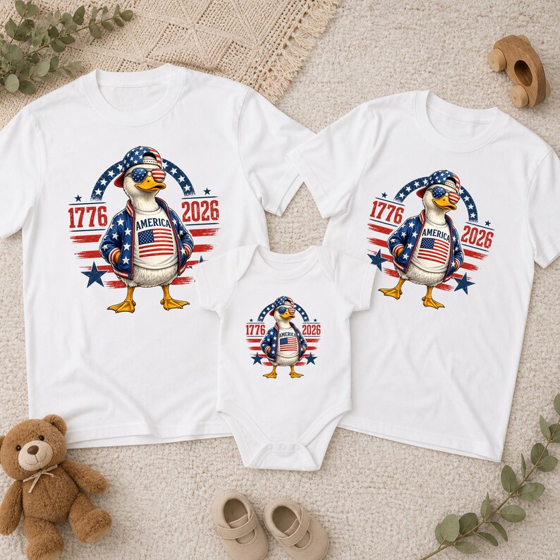 Matching family t-shirts featuring America 250th anniversary eagle design and patriotic 1776 2026 artwork.