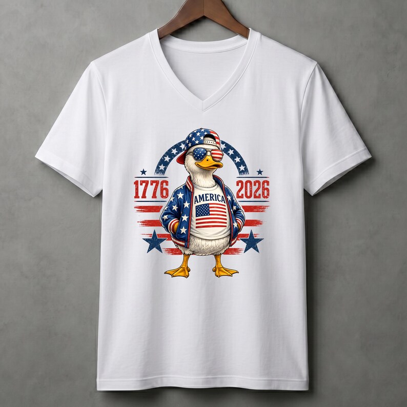 White t-shirt mockup featuring patriotic eagle graphic with America 250th anniversary 1776 2026 design for Independence Day.
