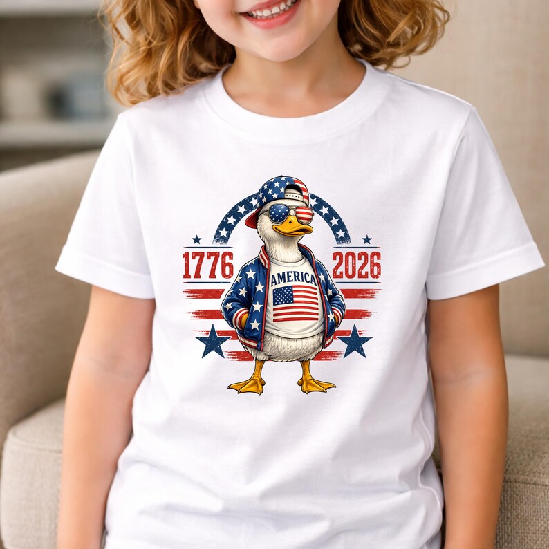 Child wearing America 250th anniversary shirt with patriotic eagle graphic and 1776 2026 Independence Day design.