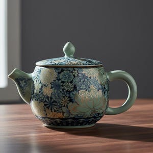 May include: A ceramic teapot with a lid, decorated with a floral pattern in blue, gold, and green. The teapot has a rounded body, a curved handle, and a spout. It sits on a wooden surface against a dark grey wall.