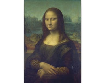 May include: A print of the Mona Lisa, a Renaissance portrait. The subject is a woman with a serene expression, wearing a dark dress and a veil. The background features a landscape with mountains and a river, painted in muted colors.