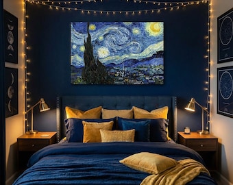 Starry Night Canvas Print | Van Gogh | Museum Quality | Bedroom Wall Art | Navy Blue Decor | Gift for Art Lovers | Post-Impressionist
