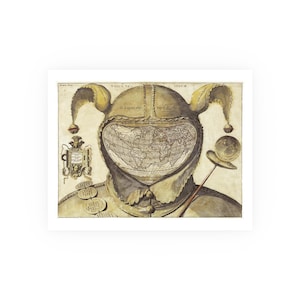 May include: A framed print featuring a vintage illustration of a figure with a world map for a face. The artwork has a sepia tone, with details including a jester's hat, a shield, and text in Latin. The print is set against a white background.