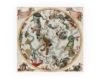 May include: A vintage-style celestial map featuring a circular design with zodiac constellations and mythical figures. The map is rendered in a palette of muted colors, including beige, brown, and touches of blue and red. Decorative banners and illustrations surround the central map.