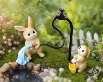 Bunny Garden Statue Set,Resin Rabbit Watering Figurines,Mini Animal Garden Decor,Fairy Garden Ornament,Planter Decoration,Outdoor Bunny Gift