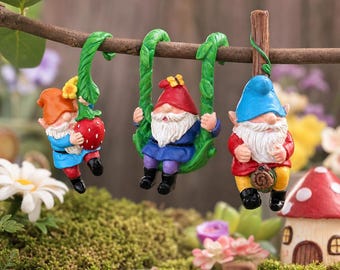 Mini Garden Gnome Swing Set,Hanging Planter Gnome Ornaments,Resin Fairy Garden Dwarf Statues,Miniature Fairy Garden Decor,Plant Accessories