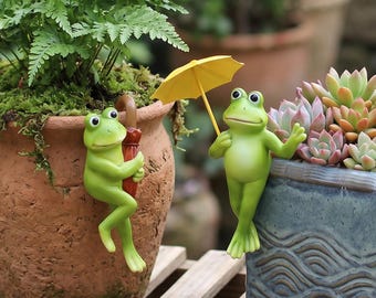 Frog Planter Edge Hugger Figurine Set,Resin Umbrella Frog Statue,Whimsical Garden Pot Decor,Outdoor Yard Ornament,Plant Pot Frog Accessory