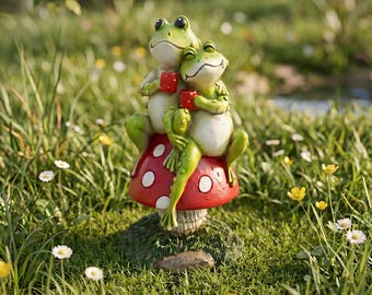 Adorabile coppia di rane su un fungo, statuetta di rana da giardino in resina, decorazione stravagante in stile cottagecore, ornamento a forma di coppia di rane, regalo per esterni.
