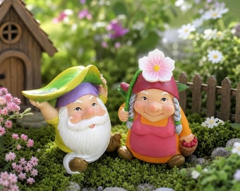 Conjunto de pareja de gnomos para refugio de lluvia, figuras de gnomos de resina para jardín, decoración de jardín de hadas, adorno de césped, decoración de patio caprichosa, regalo para amantes de los gnomos
