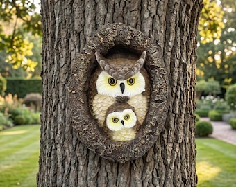 Owl Family Tree Hugger Statue,Resin Mother & Baby Owl Figurine,Whimsical Garden Tree Decor,Nesting Owl Ornament,Outdoor Yard Art Gift